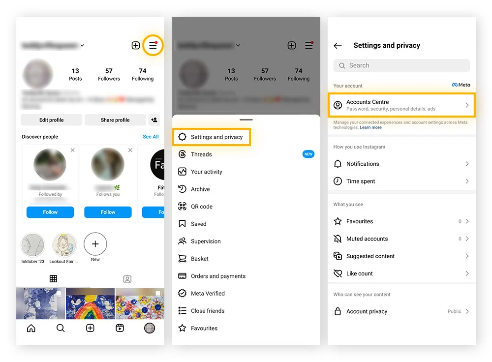 Tap the profile button, menu icon, Settings and privacy, then Account Center.