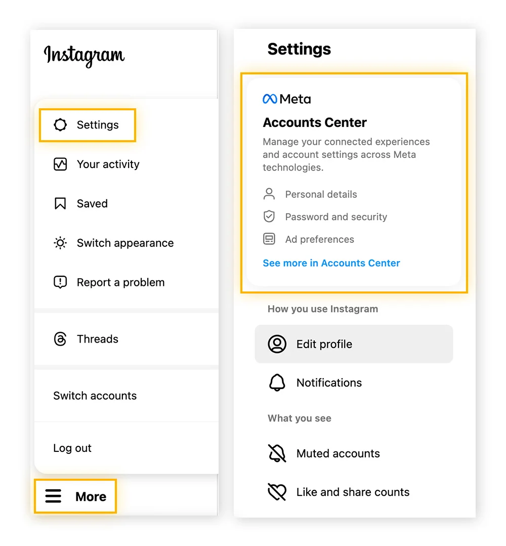 To delete your Instagram account on your computer, first click More, Settings, Account Center.