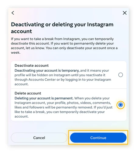 Click the button next to Delete account, then click Continue.