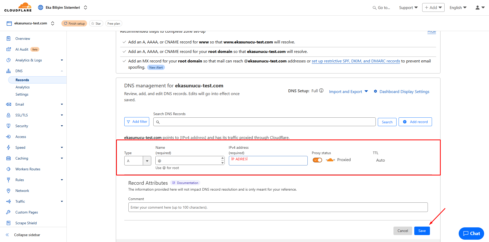 Cloudflare A Kaydı Ekleme