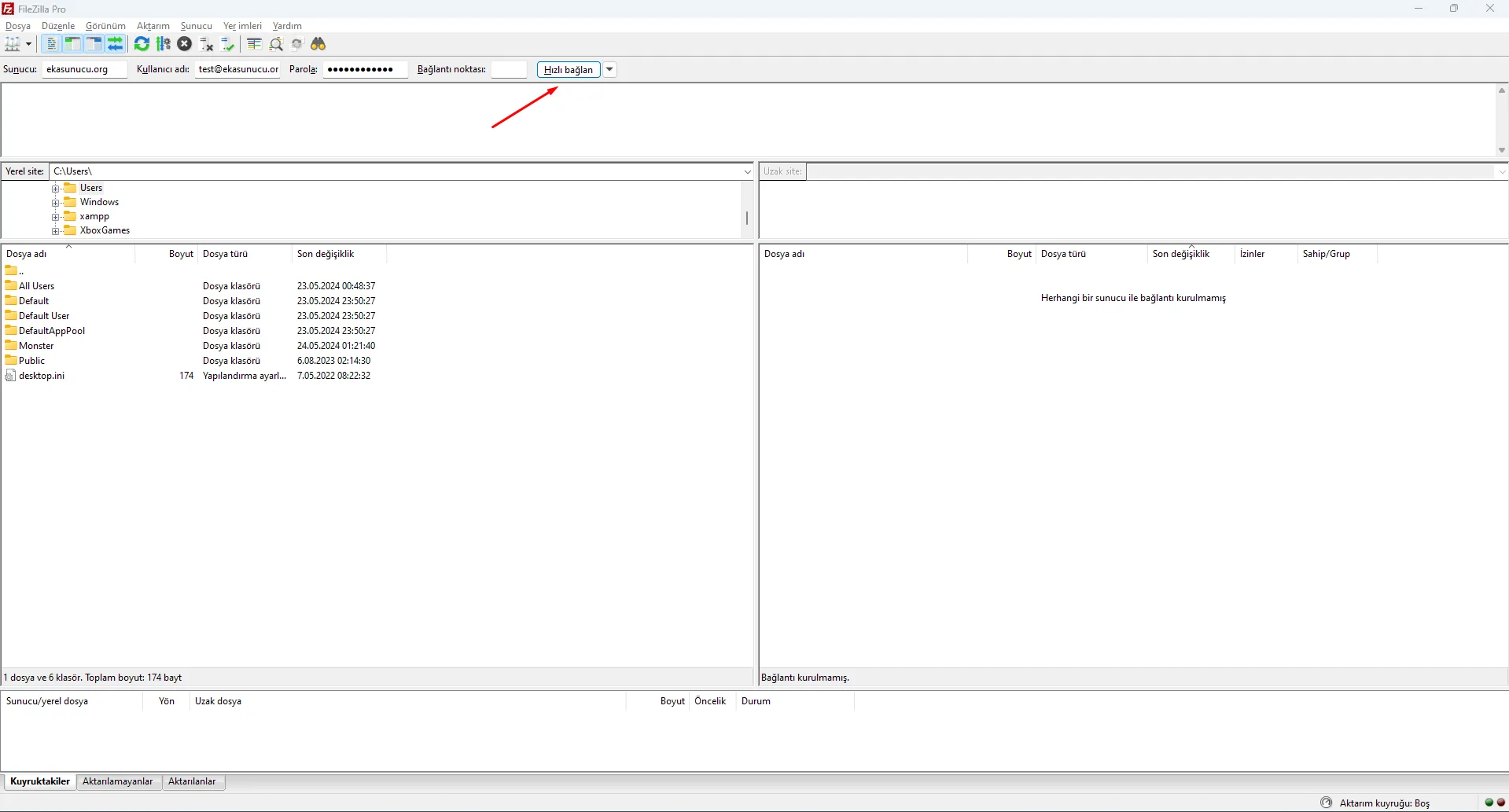 FileZilla Bağlantı Kuruldu