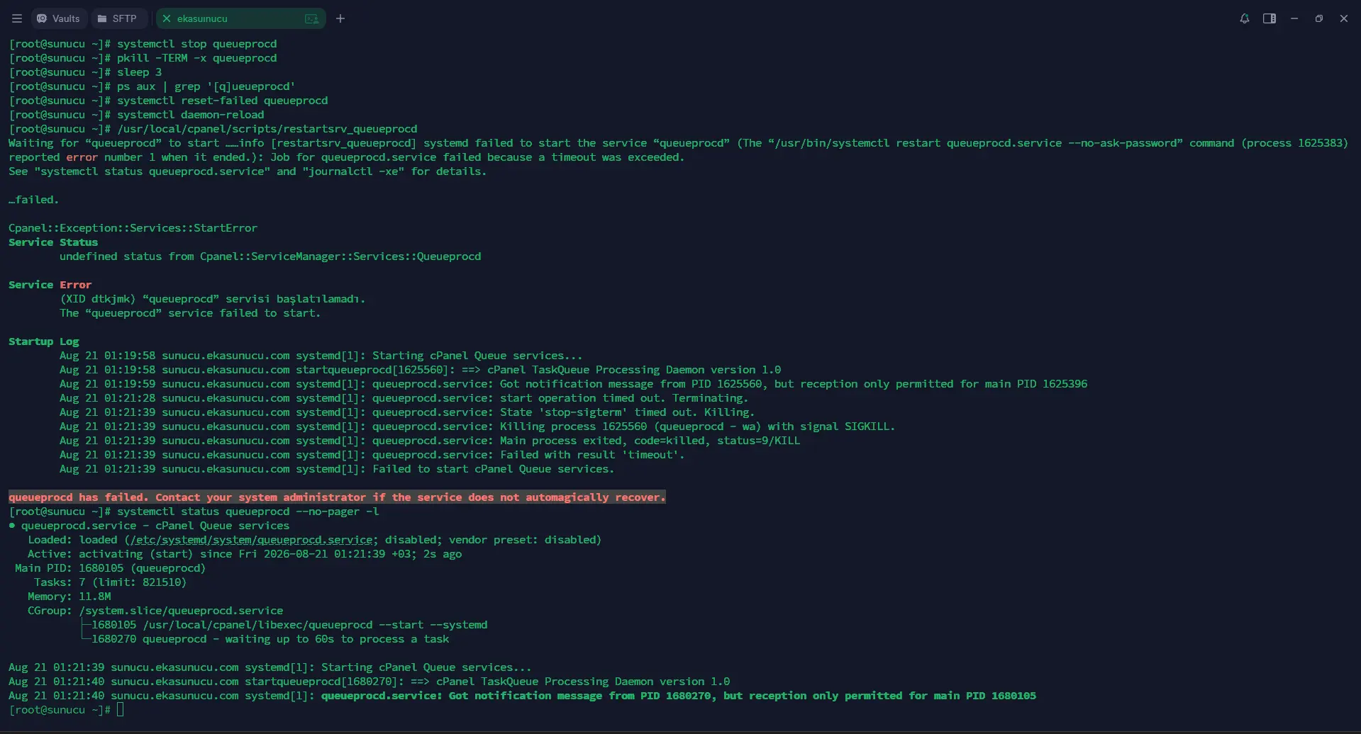 cPanel queueprocd failed ve PID uyuşmazlığı terminal çıktısı