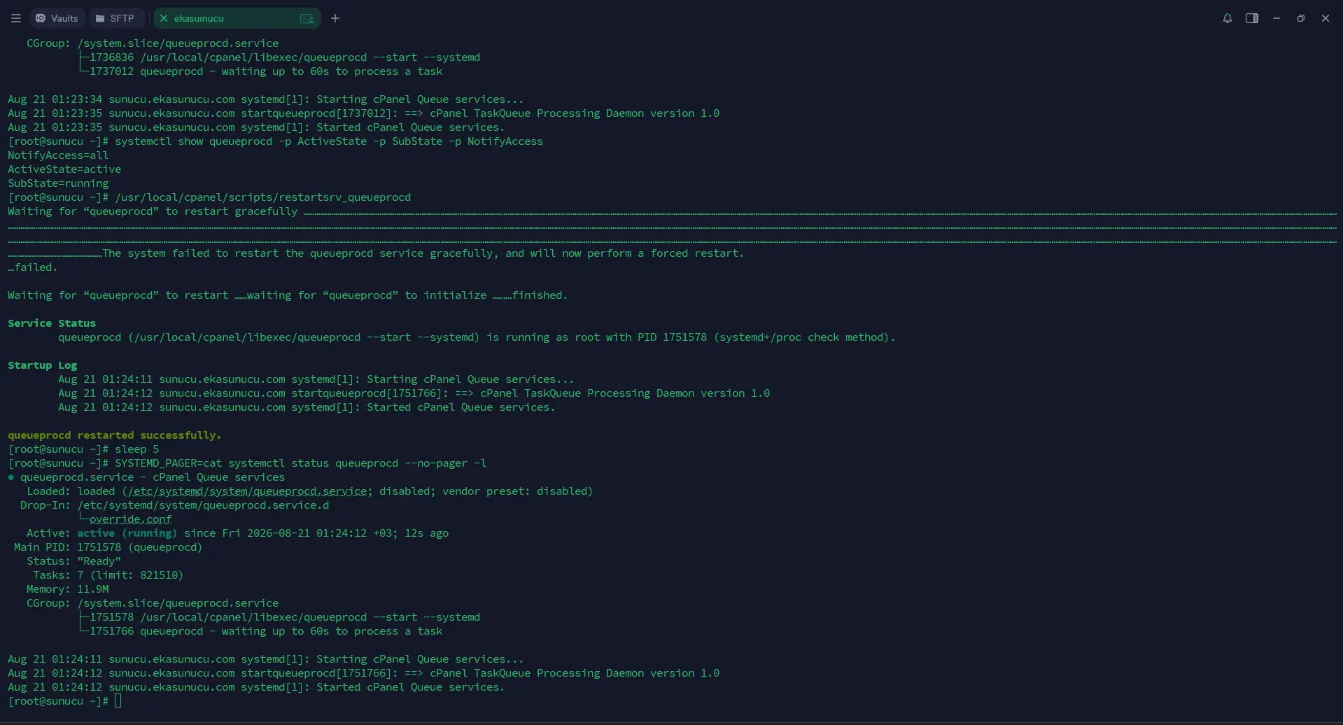 queueprocd active running başarılı systemd durumu