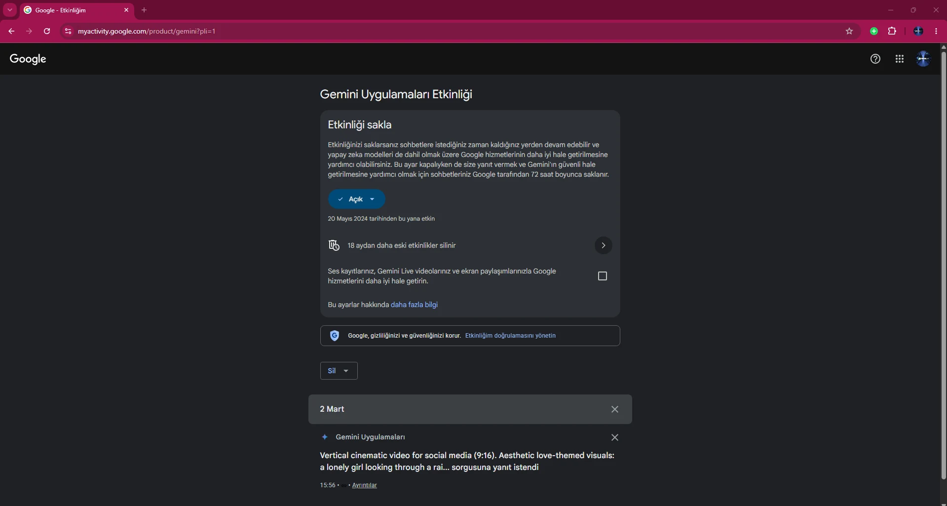 Gemini Uygulamaları Etkinliği ana ekranı ve Etkinliği sakla ayarı. Gemini Uygulamaları Etkinliği ana ekranı ve Etkinliği sakla ayarı.