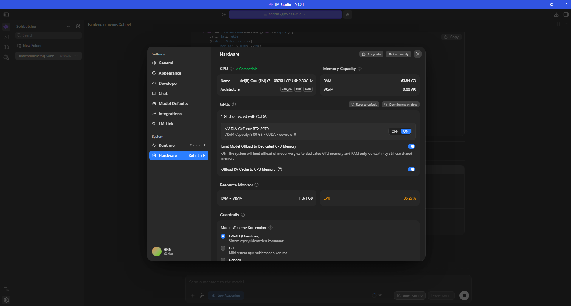 Baseline üretim sırasında Resource Monitor: RAM + VRAM 11.61 GB, CPU yaklaşık %35.27.