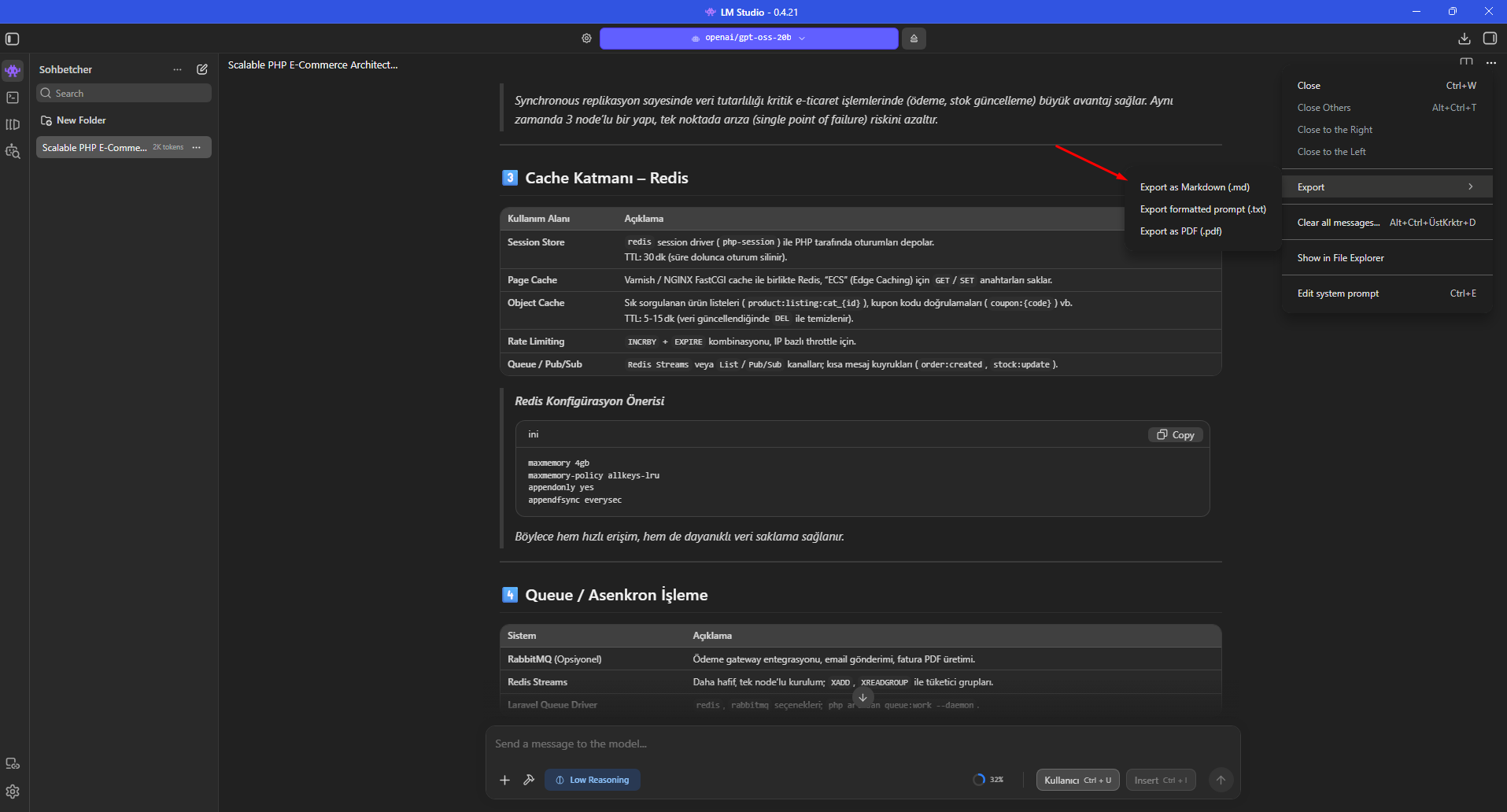 LM Studio sohbetini Markdown olarak dışa aktarma menüsü; benchmark cevabını ayrıca saklamak için kullanıldı.