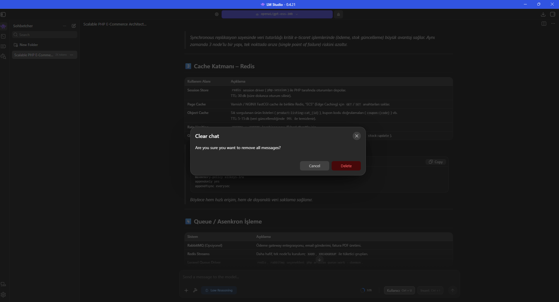 Clear chat onay penceresi; mevcut mesajların kaldırılacağı doğrulanıyor.