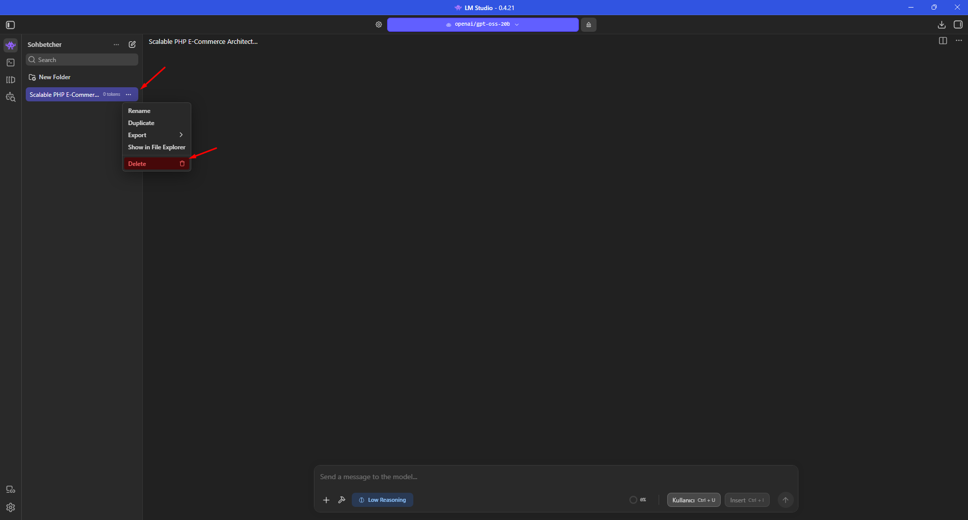 Sohbet listesinden Delete işleminin açılması.