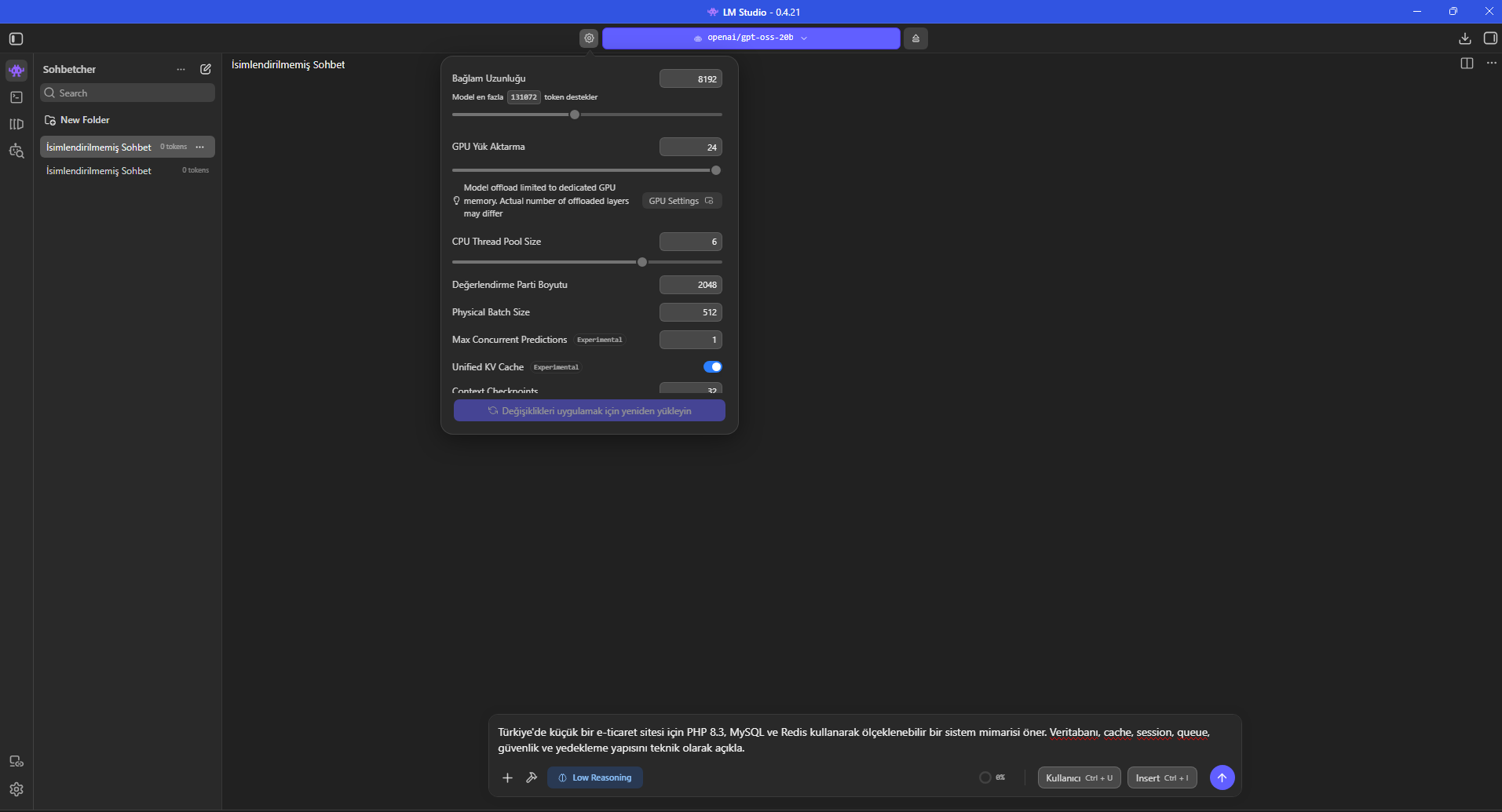 Concurrent 1 test profili: 8192 context, 24 GPU offload, 6 thread, 2048/512 batch ve Unified KV Cache açık.