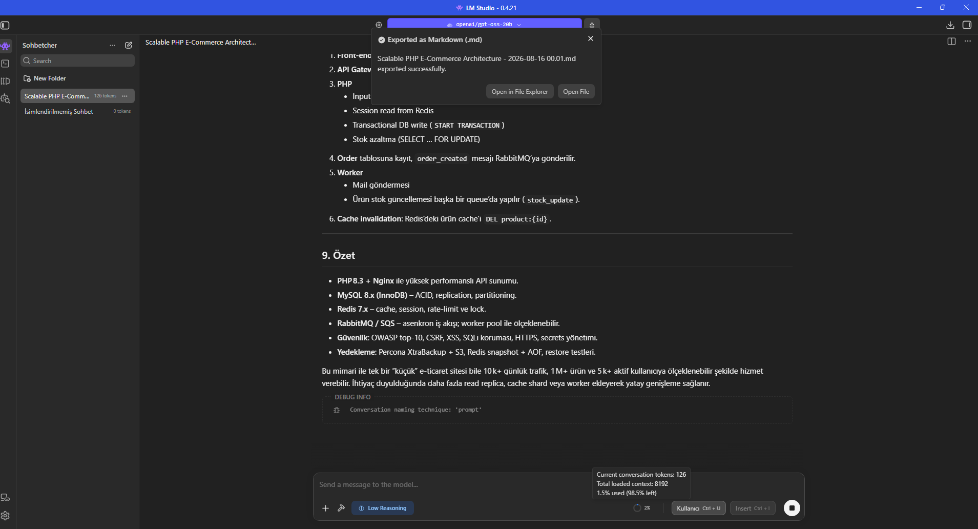 İkinci benchmark sohbeti Markdown olarak başarıyla dışa aktarıldı.