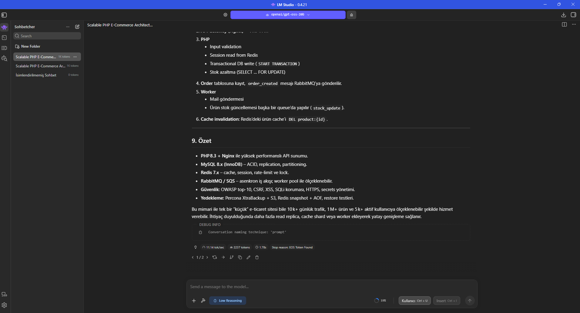 Concurrent 1 sonuç ekranı: 11.14 token/sn, 2237 output token ve 1.78 sn ilk token süresi göstergesi.