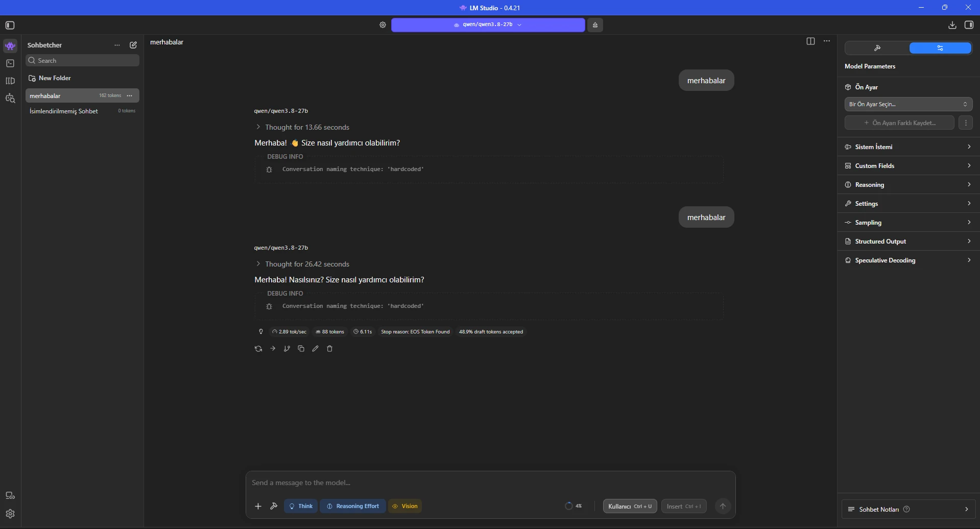 23 GPU offload ayarıyla yaklaşık 2.89 token/sn üretim hızının görülmesi. 23 GPU offload ayarıyla yaklaşık 2.89 token/sn üretim hızının görülmesi.