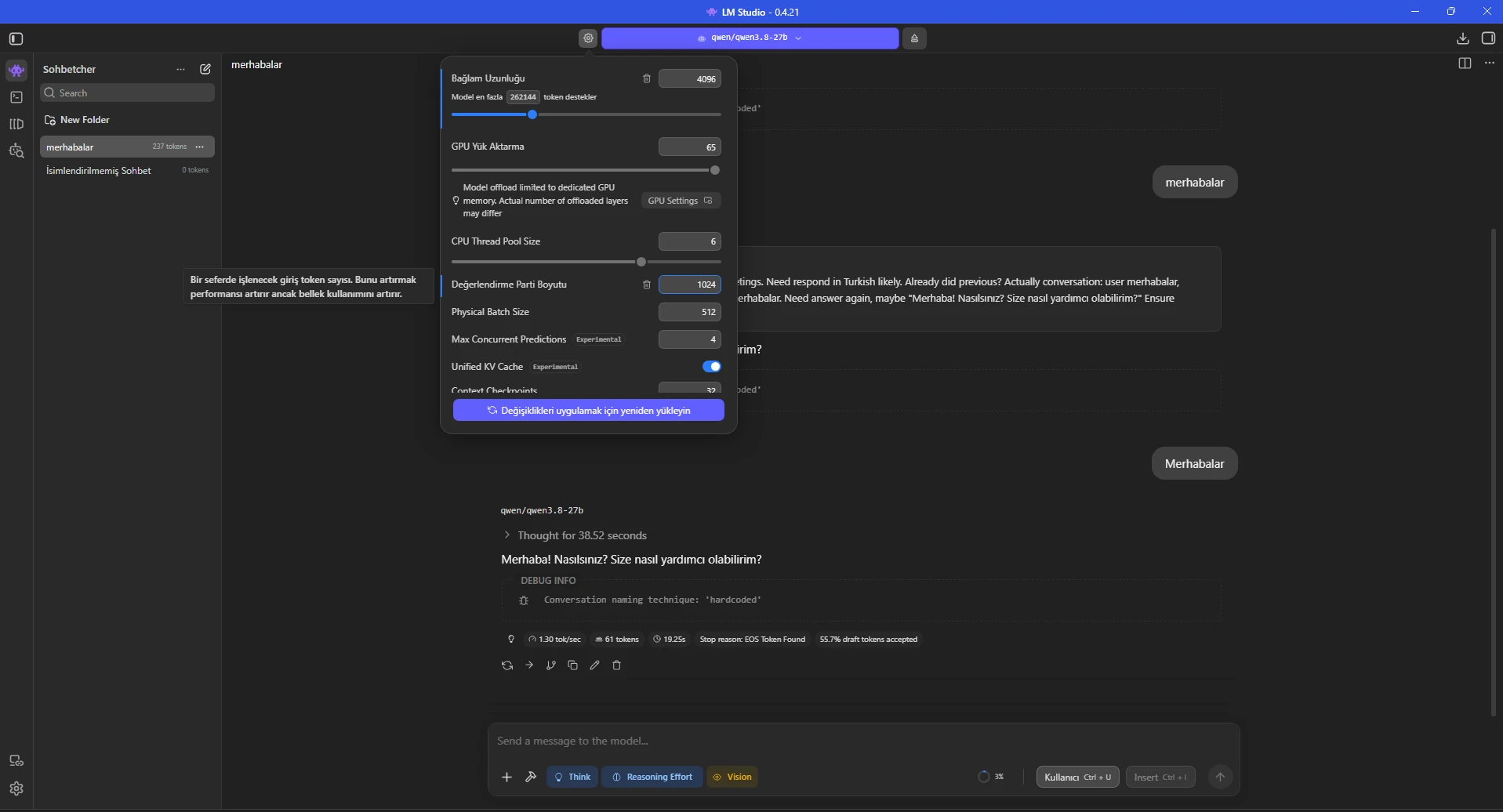 Dedicated GPU limiti açıkken 65 offload seçilmesi; LM Studio'nun gerçek offload katman sayısını VRAM'e göre sınırlayacağını bildirmesi. Dedicated GPU limiti açıkken 65 offload seçilmesi; LM Studio'nun gerçek offload katman sayısını VRAM'e göre sınırlayacağını bildirmesi.