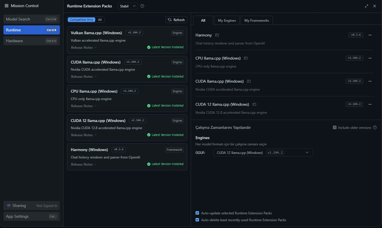 LM Studio Runtime Extension Packs v1.104.2 CUDA 12 llama.cpp ekranı