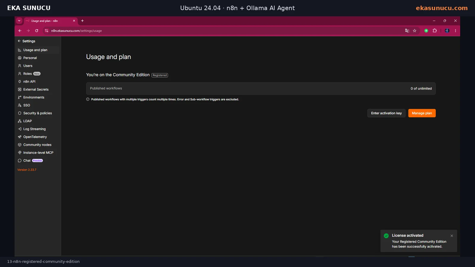 Lisans etkinleştirildikten sonra Registered Community Edition durumu.