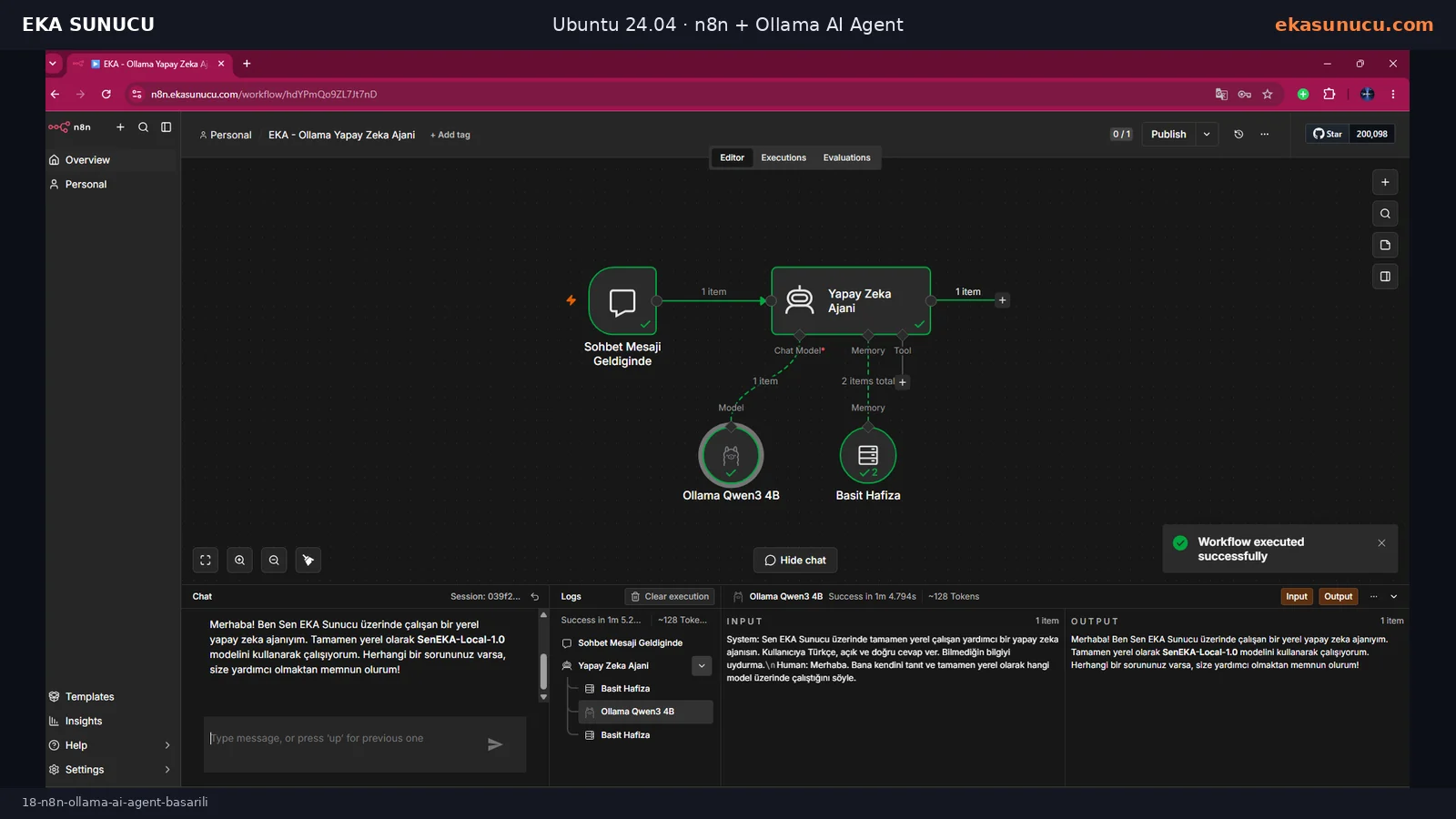 Chat Trigger, AI Agent, Ollama qwen3:4b ve Simple Memory node’larının başarıyla tamamlandığı gerçek execution.