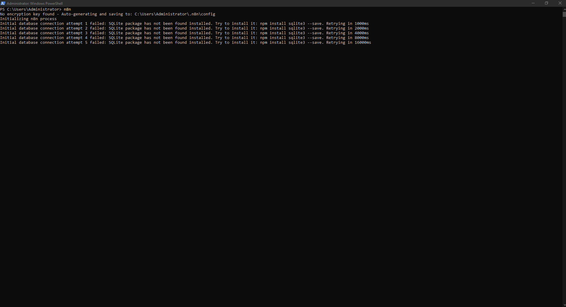 n8n ilk başlatmada SQLite paketinin bulunamadığını bildiren hata. n8n ilk başlatmada SQLite paketinin bulunamadığını bildiren hata.