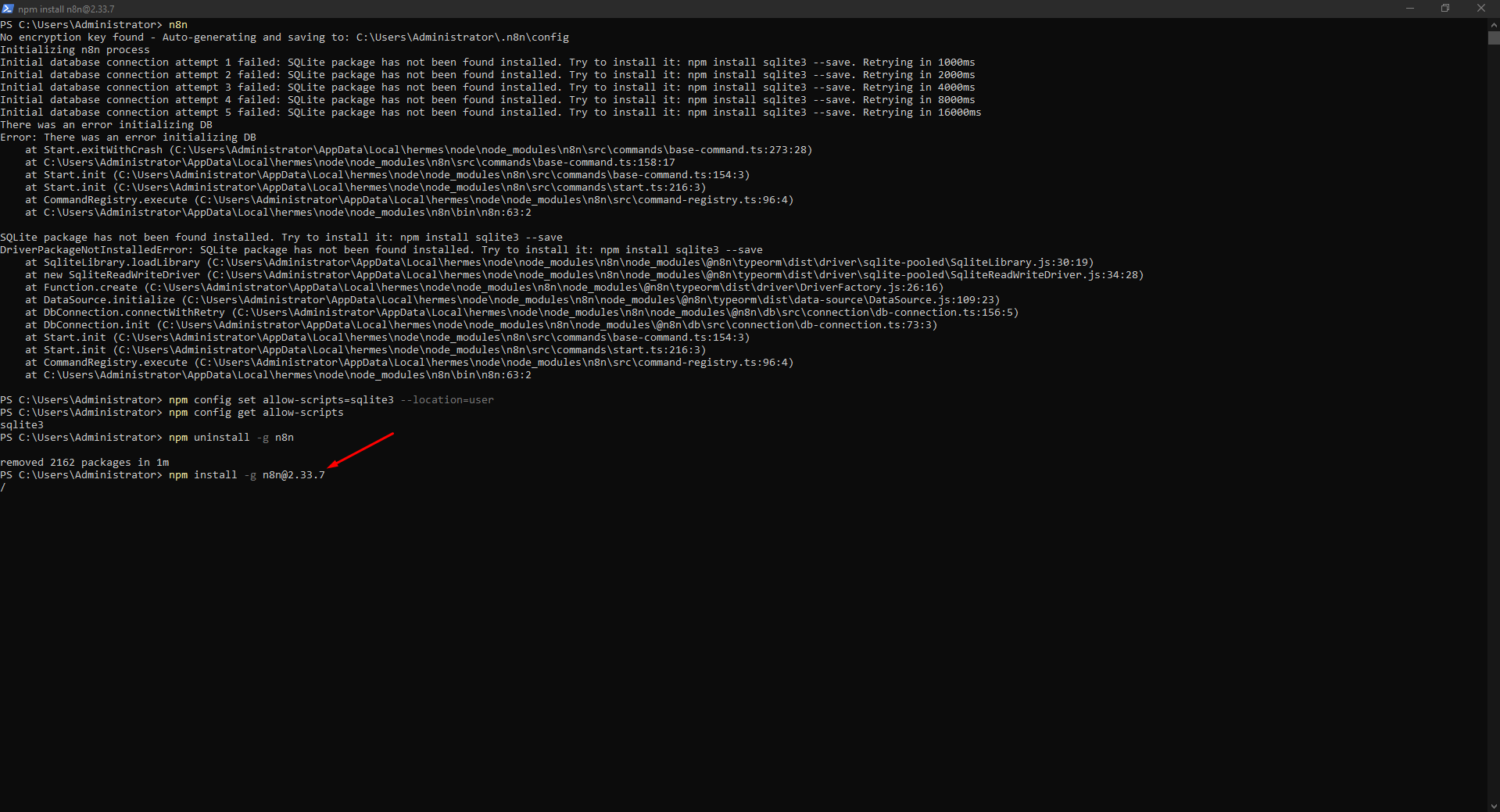 sqlite3 install script izninin tanımlanması ve n8n yeniden kurulumunun başlatılması. sqlite3 install script izninin tanımlanması ve n8n yeniden kurulumunun başlatılması.