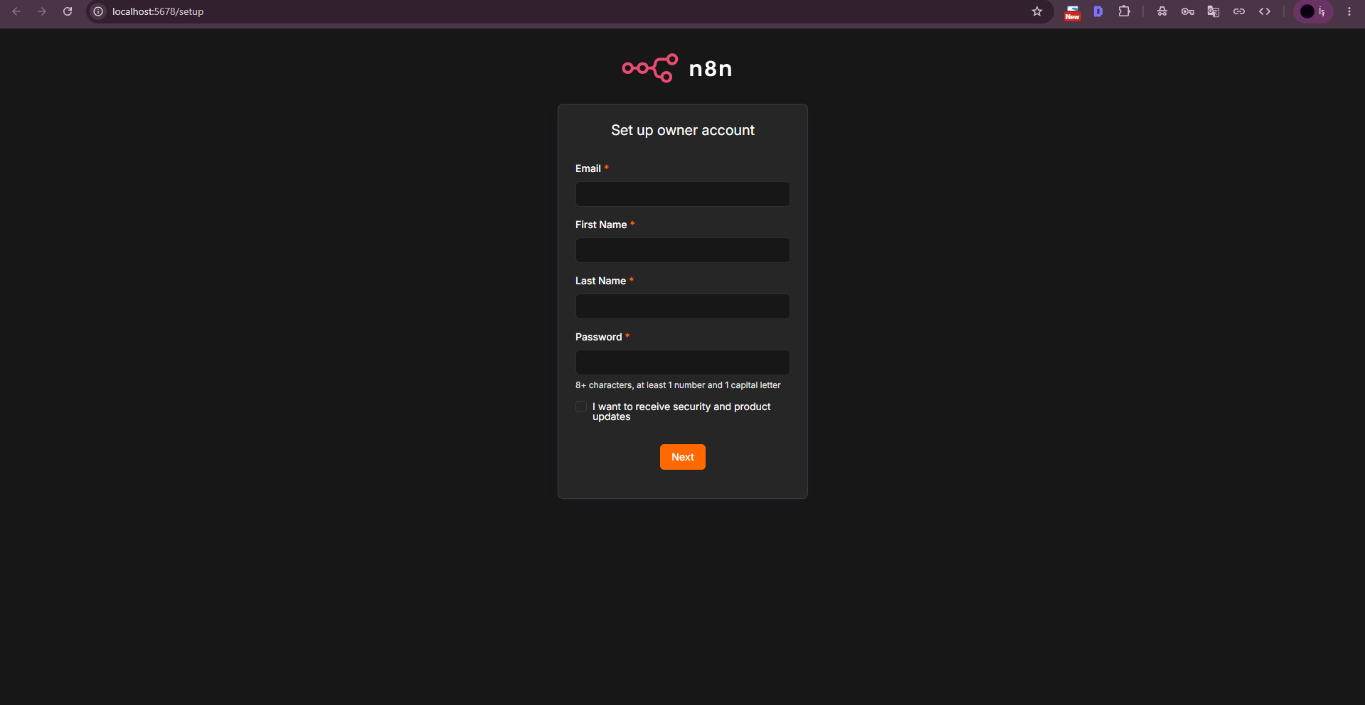 n8n owner hesabı oluşturma ekranı. n8n owner hesabı oluşturma ekranı.