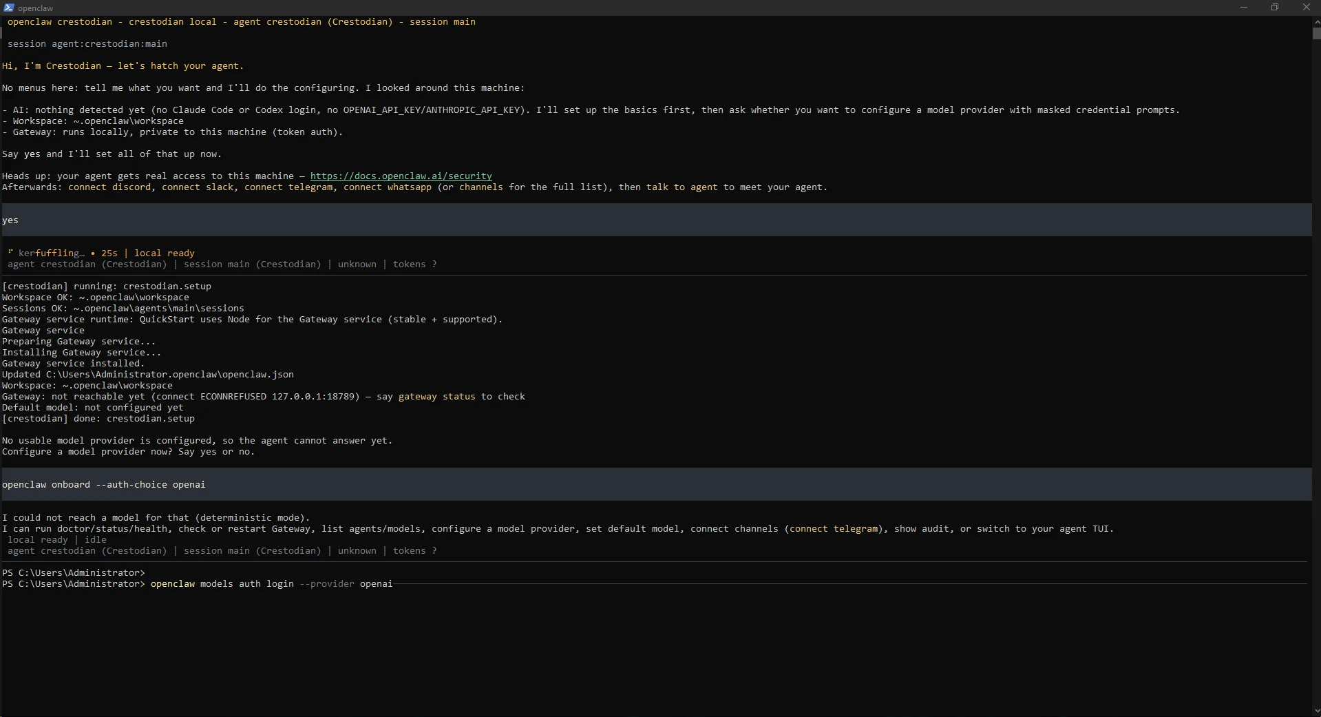TUI'den çıktıktan sonra gerçek PowerShell üzerinde OpenAI Codex OAuth komutuna geçiş. TUI'den çıktıktan sonra gerçek PowerShell üzerinde OpenAI Codex OAuth komutuna geçiş.
