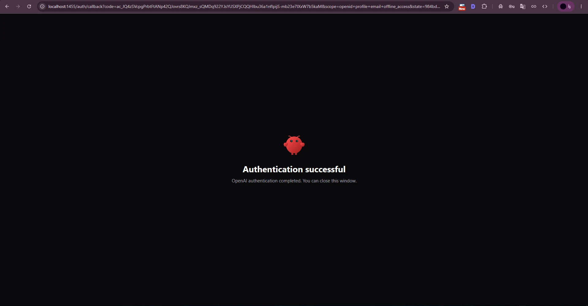 OAuth akışının başarıyla tamamlandığını gösteren Authentication successful ekranı. OAuth akışının başarıyla tamamlandığını gösteren Authentication successful ekranı.