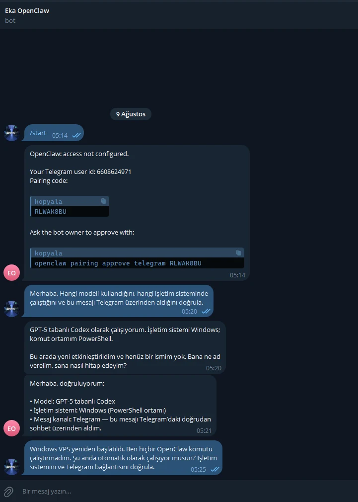 Hiç OpenClaw komutu çalıştırmadan Telegram üzerinden reboot sonrası doğrulama mesajı. Hiç OpenClaw komutu çalıştırmadan Telegram üzerinden reboot sonrası doğrulama mesajı.