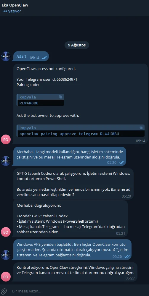 Reboot sonrası OpenClaw'ın Telegram kanalında yeniden cevap vermesi. Reboot sonrası OpenClaw'ın Telegram kanalında yeniden cevap vermesi.
