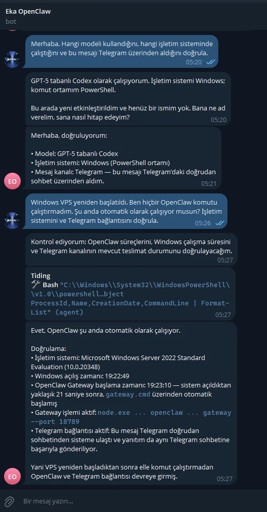 OpenClaw'ın Windows açılışından yaklaşık 21 saniye sonra Gateway'i otomatik başlattığını gösteren canlı doğrulama. OpenClaw'ın Windows açılışından yaklaşık 21 saniye sonra Gateway'i otomatik başlattığını gösteren canlı doğrulama.