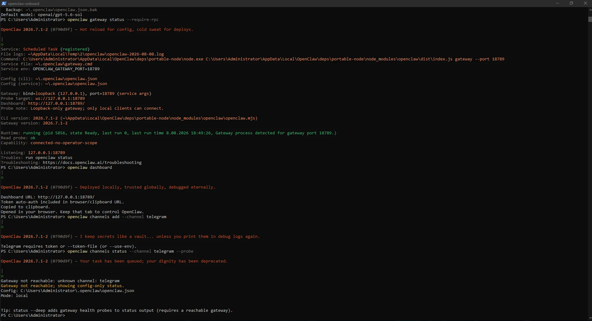 Kurulum sonunda OpenClaw runtime ve kanal durumlarının son kontrolü. Kurulum sonunda OpenClaw runtime ve kanal durumlarının son kontrolü.